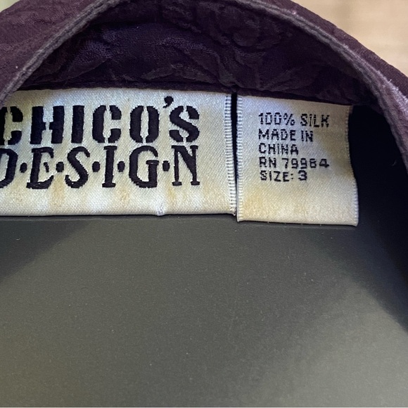 CHICO’S 100% Silk Deep Plum Long Sleeve Tunic 3-D flowing floral design Chicos 3 - Picture 11 of 11